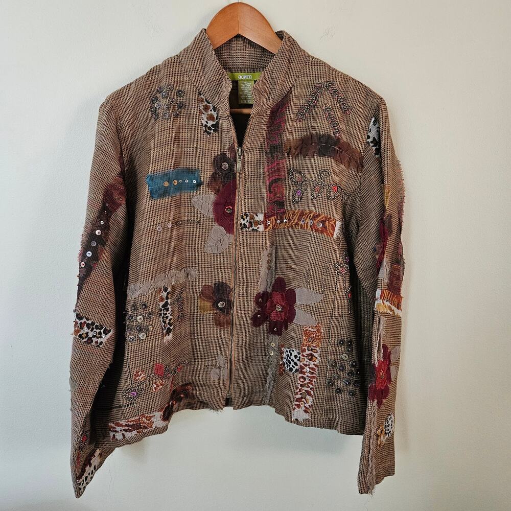 Vintage Women's Embellished Blazer, Size XL Linen Plaid Earthy Statement